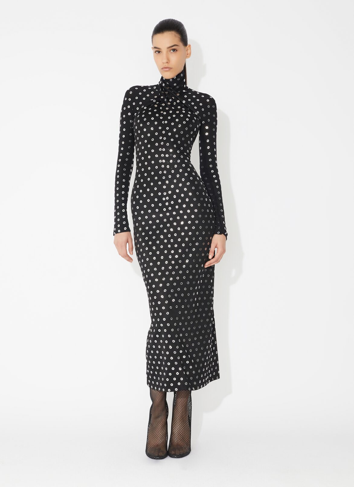 Fluid eyelet jersey dress ALAÏA BLACK FLUID EYELET JERSEY DRESS